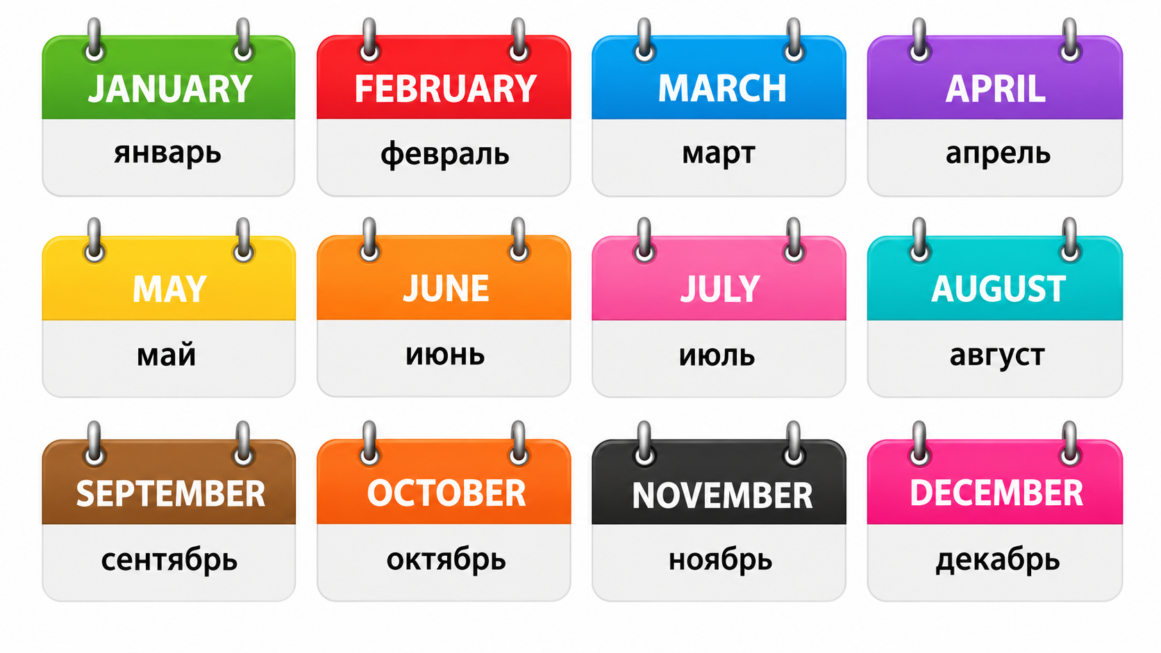 Иллюстрированная таблица с названиями двенадцати месяцев на английском и русском языках в виде разноцветных календарей