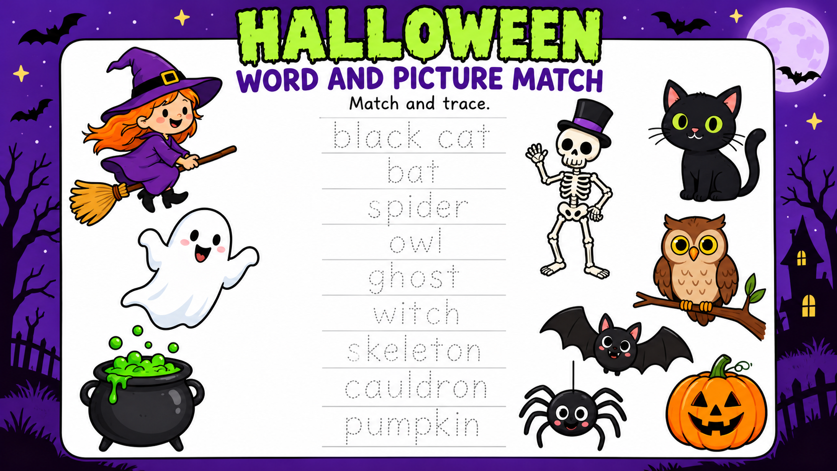 Рабочий лист Halloween Word and Picture Match