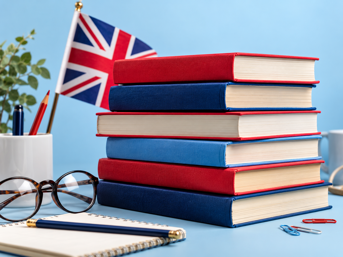 Стопка учебников с закладками в виде флага Великобритании и надписью English Lessons на фоне голубого неба